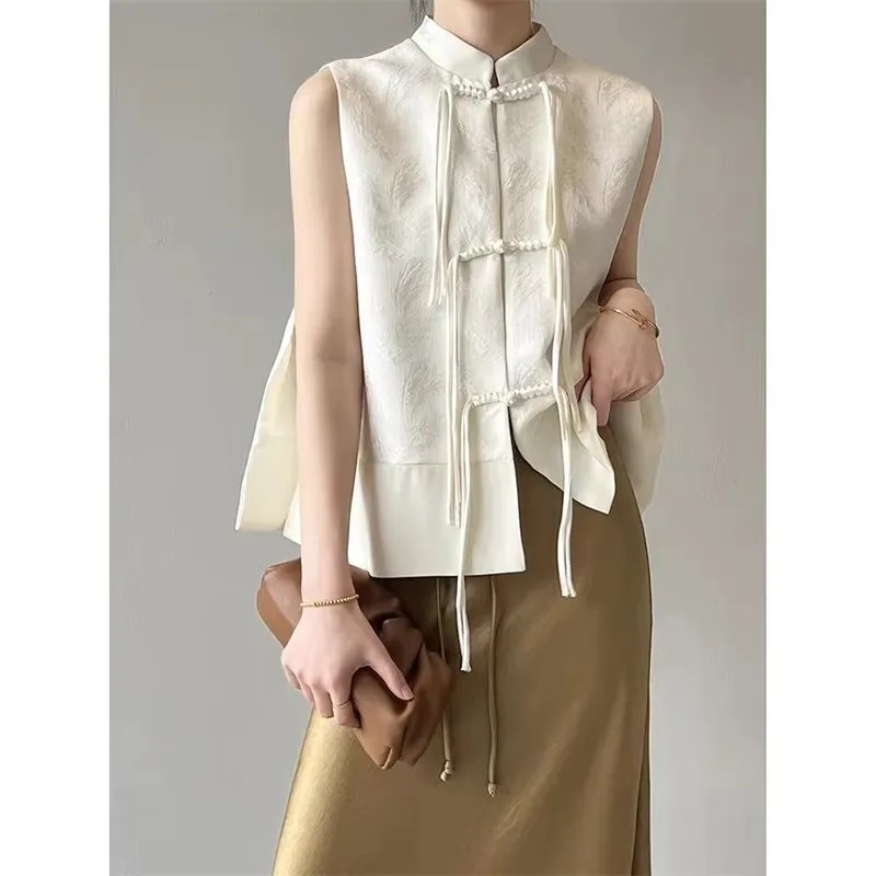 Chinese New Plate Button Vest Jacket 2026 Spring New Jacquard Stand Collar Sleeveless Waistcoat Retro Women Cheongsam Tops