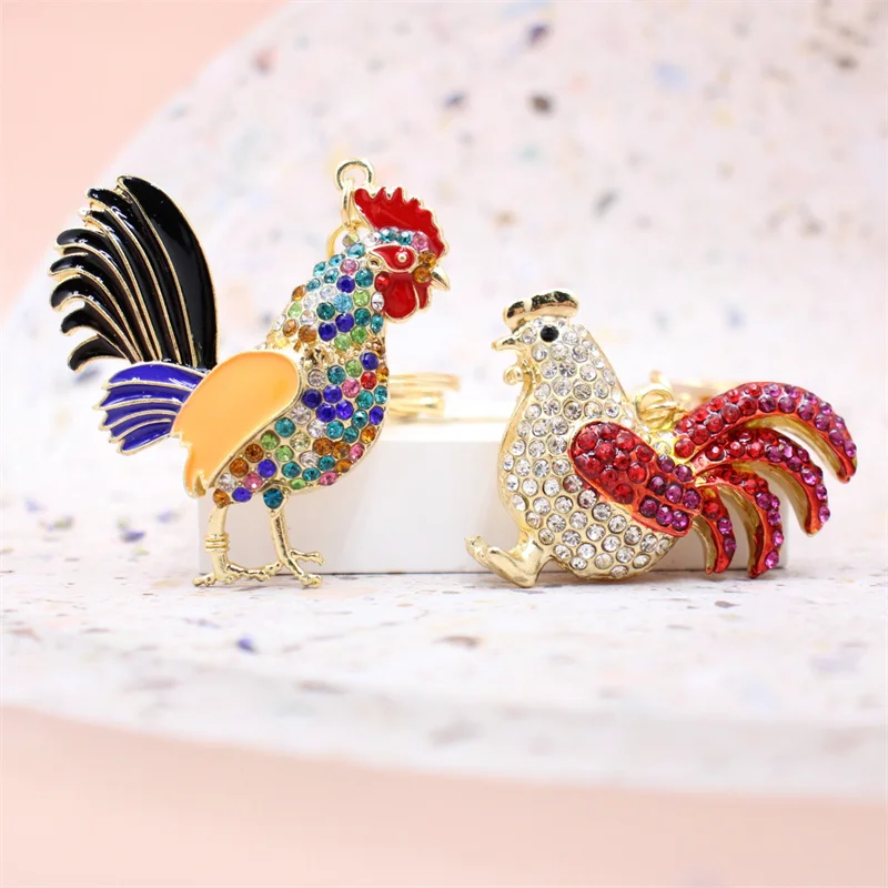 Luxury Rooster Keychains Women Rhinestone Hen Car Key Chain Metal Pendant Chicken Keyring Holder Female Bag Accessories