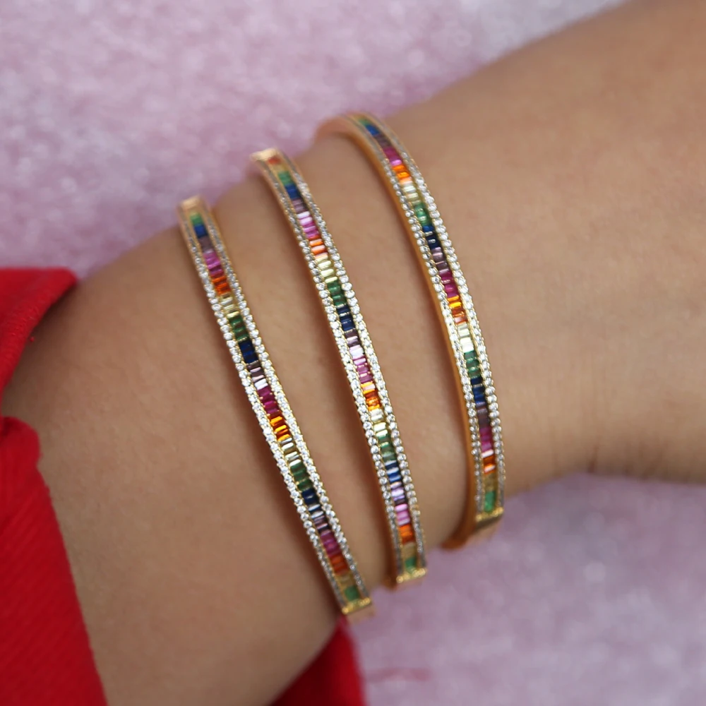 2026 New Design Gold Color Rainbow Cz Bangle Ring Set For Women Colorful Cubic Zirconia Trendy European Lady Jewelry Set