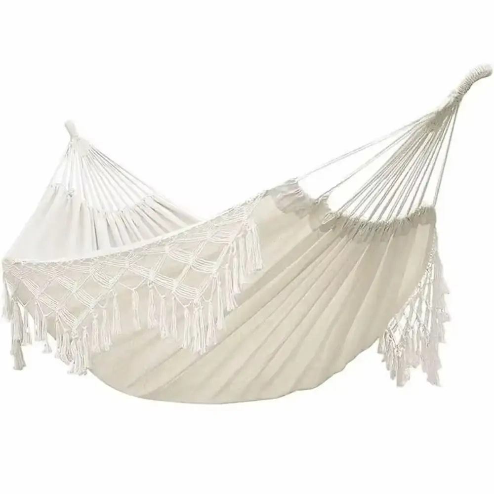 

Large Double Deluxe Hammock with Woven Tassels Boho Style 2 Person Hammock Hanging Bed Thickened Canvas Swing Chair Beach