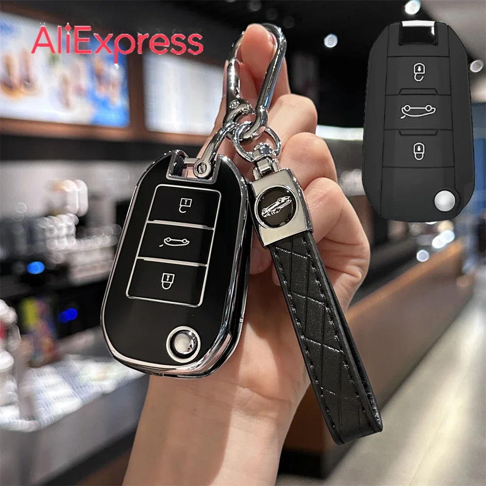 

Key Fob Cover With Keychain Lanyard For Peugeot 208 308 408 508 2008 3008 4008 5008 For Citroen C3 C4 CACTUS C6 C8 Car Key Case