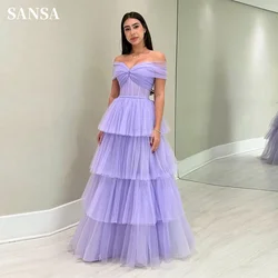 Sansa Lavender Off Shoulder Prom Dresses Multilayer فساتين الحفلات Elegant Short Sleeve Vestidos De Noche Sweet فساتين السهرة