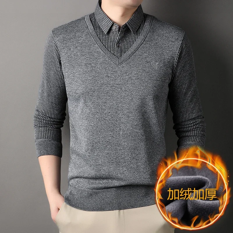 

New Autumn Knitted Sweaters Men Twinset Shirts Outwear Casual Pullovers Male Winter Fleece Warm Fake Two Pieces Sweaters 4XL