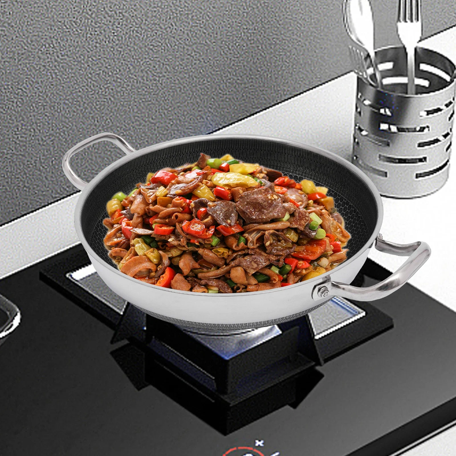 

13-Inch Stainless Steel Skillet with Lid, Non-Stick, Kitchen Flat Frying Pan, Professional Cookware for All Cooktops Silver