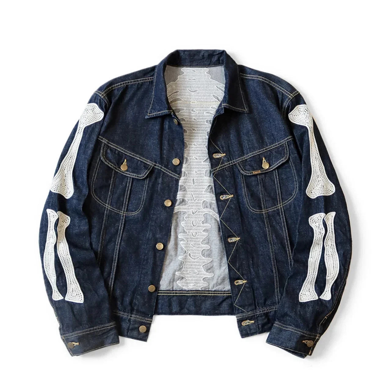 26SS New KAPL Hirata Hiroshi Japanese Denim Lapel Bone Embroidery Loose Jacket Men Coats New - view 3