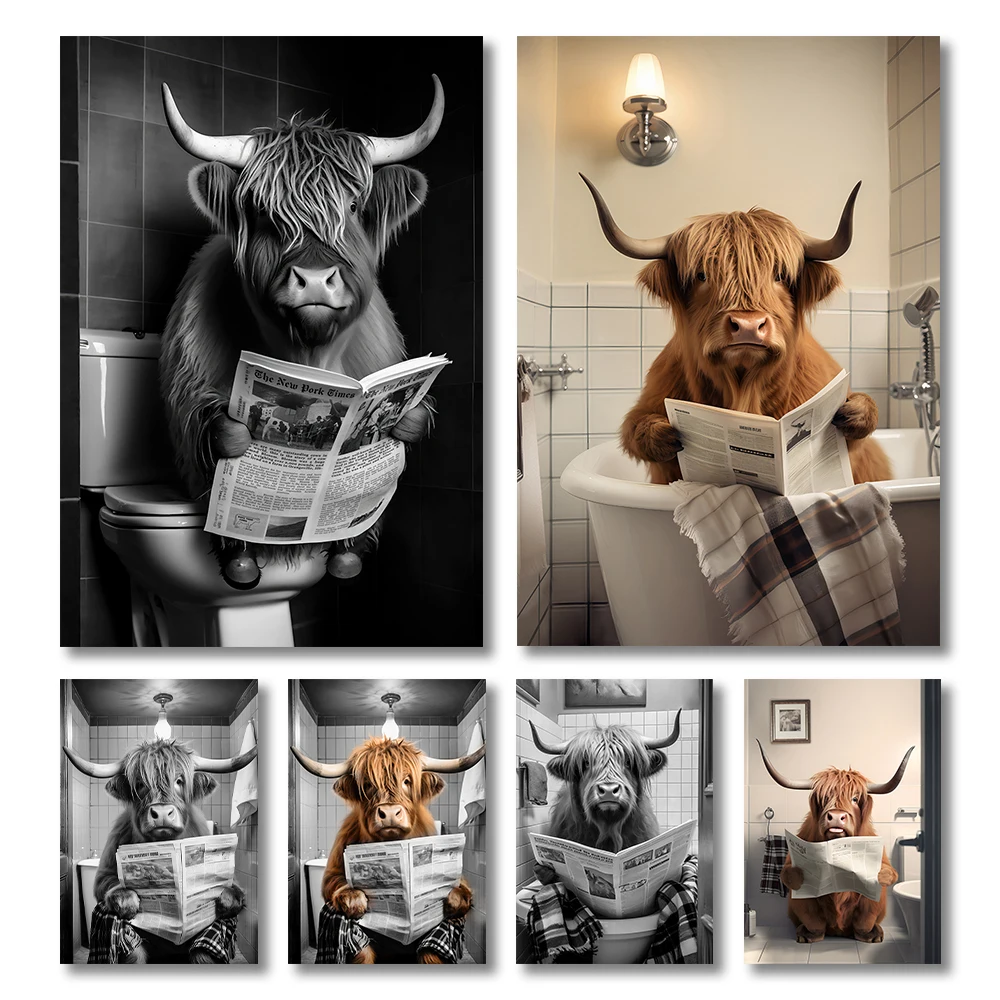 Cute and Funny Poster Cow on a Toilet Canvas Painting Bubble Bath and Wine Prints Black and White Wall Art Home Bathroom Deco