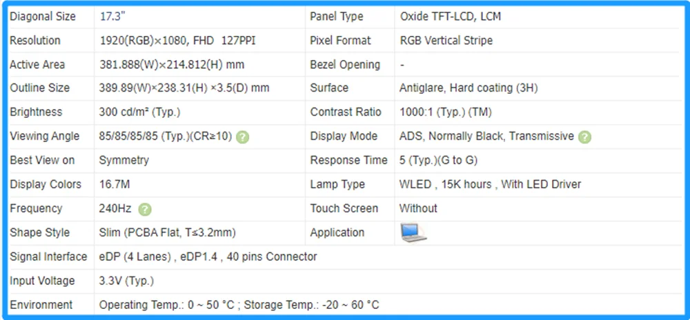 NE173FHM-NZ2 NE173FHM NZ2 17.3 inch LCD Screen IPS Panel Laptop Display FHD 1920x1080 240Hz EDP 40pins Non-touch