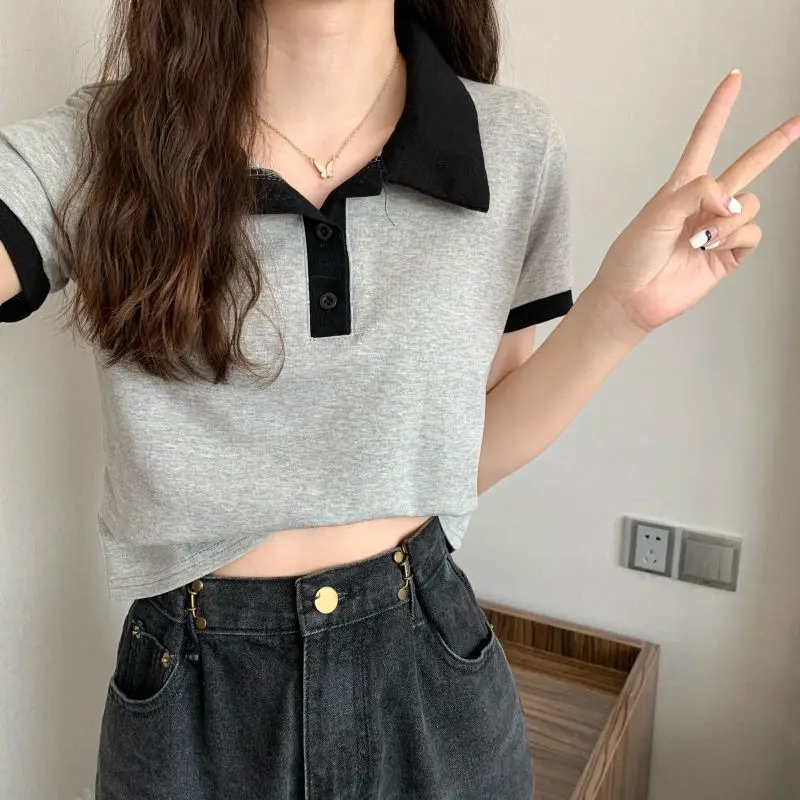 Summer 2026 Women New Arrival Slim Fit Versatile Polo Collar Color Block Short T Shirt Short Sleeve Unique Top Ins Trendy - view 3