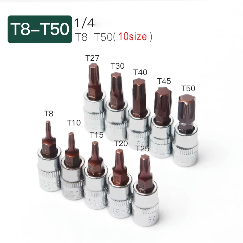 10pcs 1/4\' Torx Screwdriver Sockets Bits Set Drive Head Screwdrivers Socket Hand Tools T8 T10 T15 T20 T25 T27 T30 T40 T45 T50