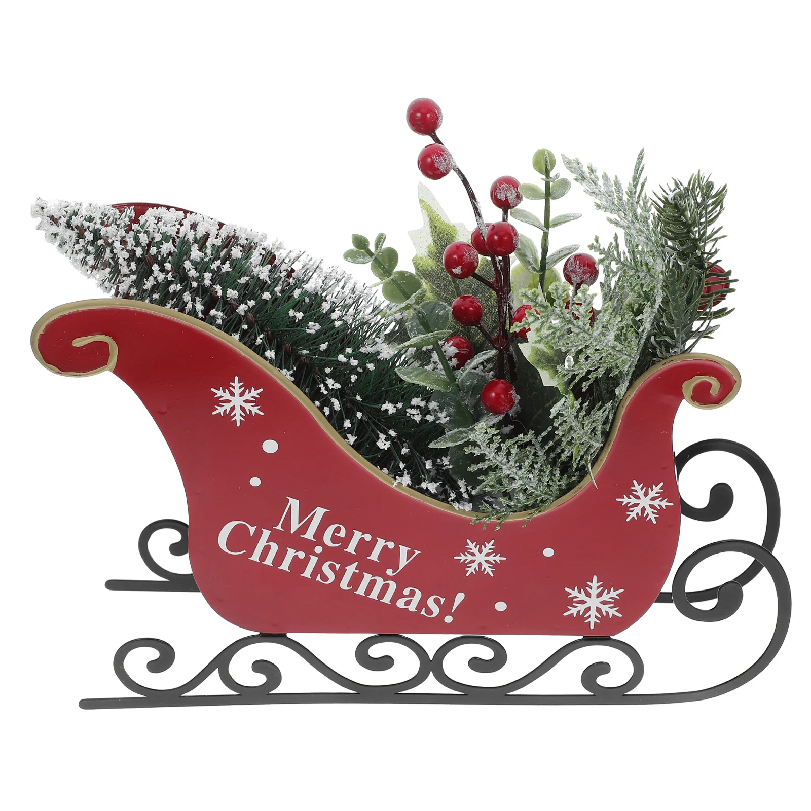 

Christmas Sleigh Iron Ornament Featuring Faux Plants Perfect for Table Decoration Home Festive Display Xmas Centerpiece Desktop