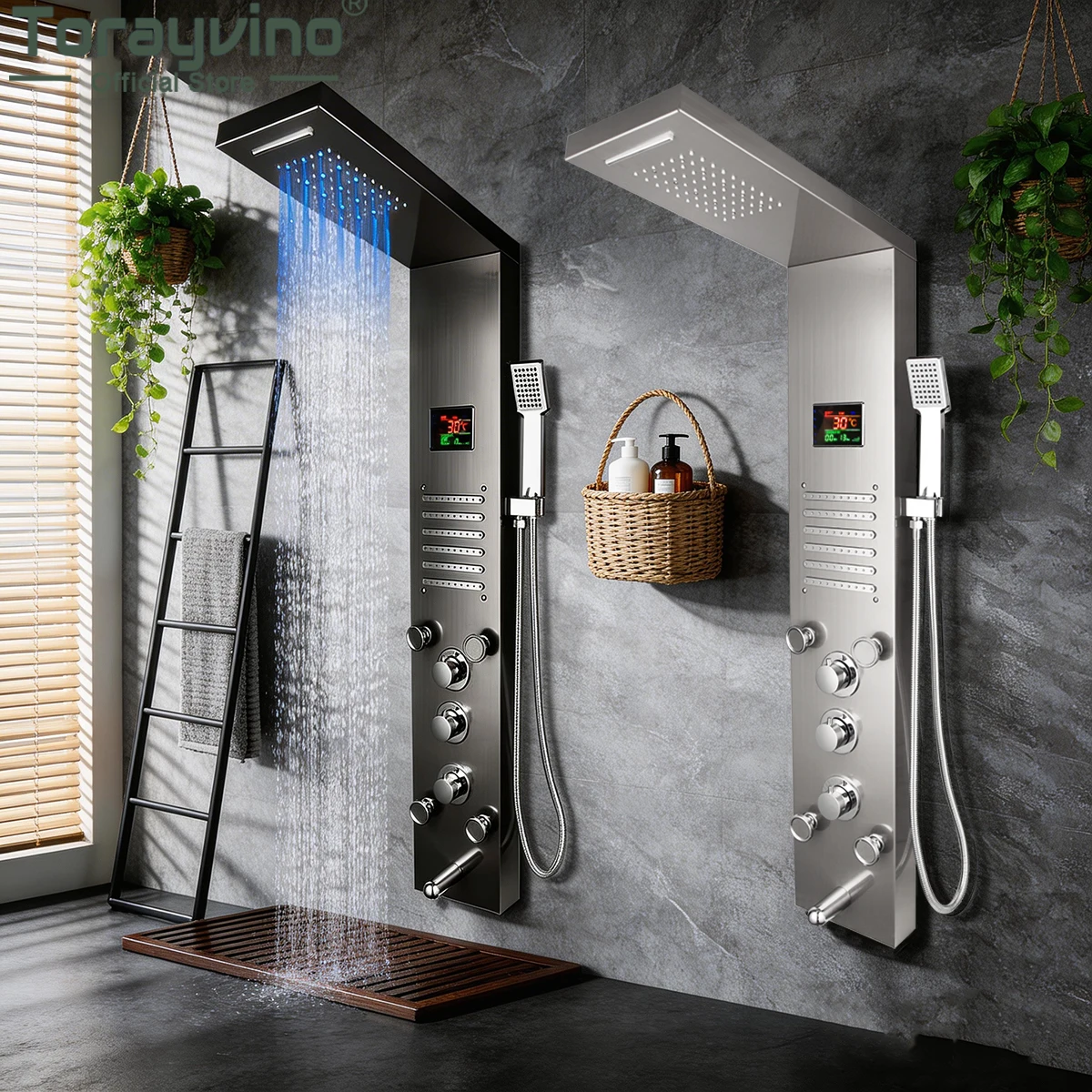 Torayvino golden Bathroom Shower faucet Panel Temperature Digital Display Shower Panel Shower Set Rainfall Waterfall System