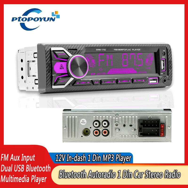 Ptopoyun Bluetooth Autoradio RDS Car Stereo Radio FM Aux Input Receiver SD USB 12V In-dash 1 din Car MP3 Multimedia Player