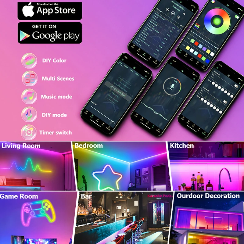 24V Bluetooth RGBIC Neon LED Strip Lights Silicone Neon Rope Light with Music Sync Dreamcolor Chasing Strip Tape for Room Decor