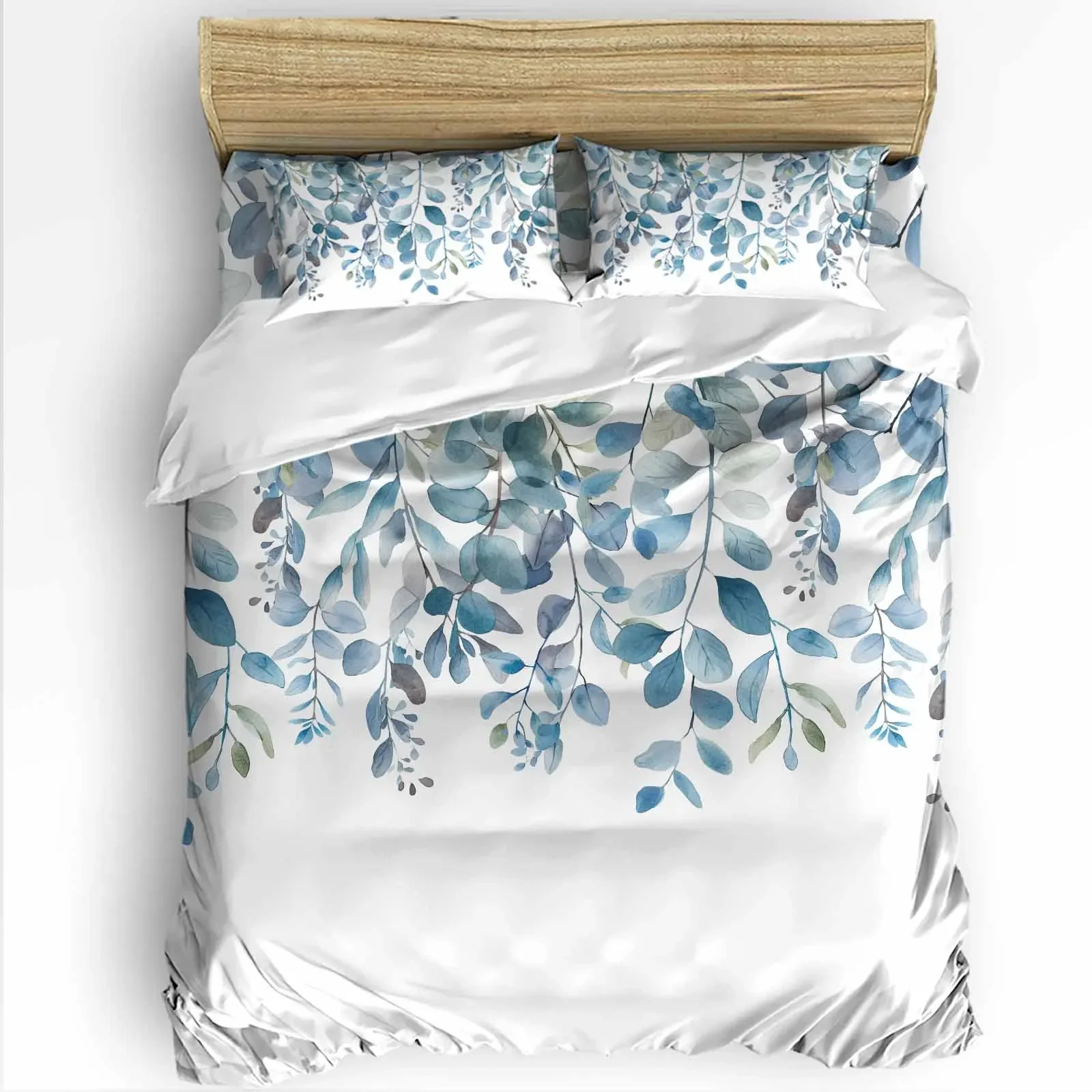 Blue Leaved Eucalyptus The-4piece Textile Set on the Bed Includes Two Pillowcases One Duvet cases One Bedsheet Customization