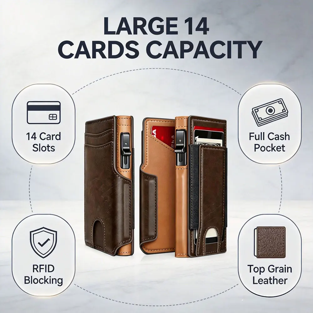 Cross Border Large Capacity Multi-Slot Wallet Auto Pop-up RFID Card Wallet Men’s Wallet for European and US Market