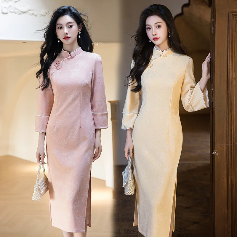 

Fashionable Improvement Young Knitted Jacquard Long sleeved Cheongsam 2025 Autumn New Style High end Daily Qipao Dress