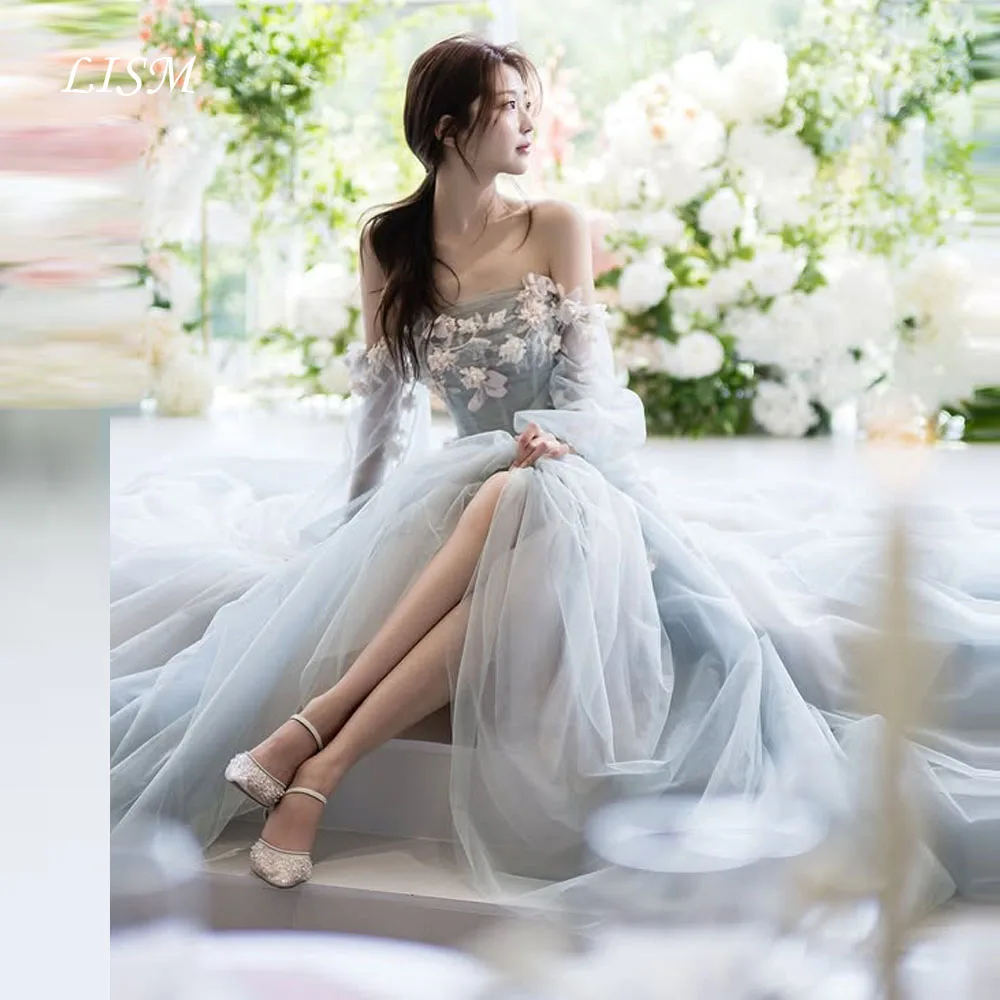 

LISM Корейские свадебные платья трапециевидной формы без бретелек с аппликациями для фотосессии, платья для выпускного вечера, корсеты сзади по индивидуальному заказу Wee식 드레스