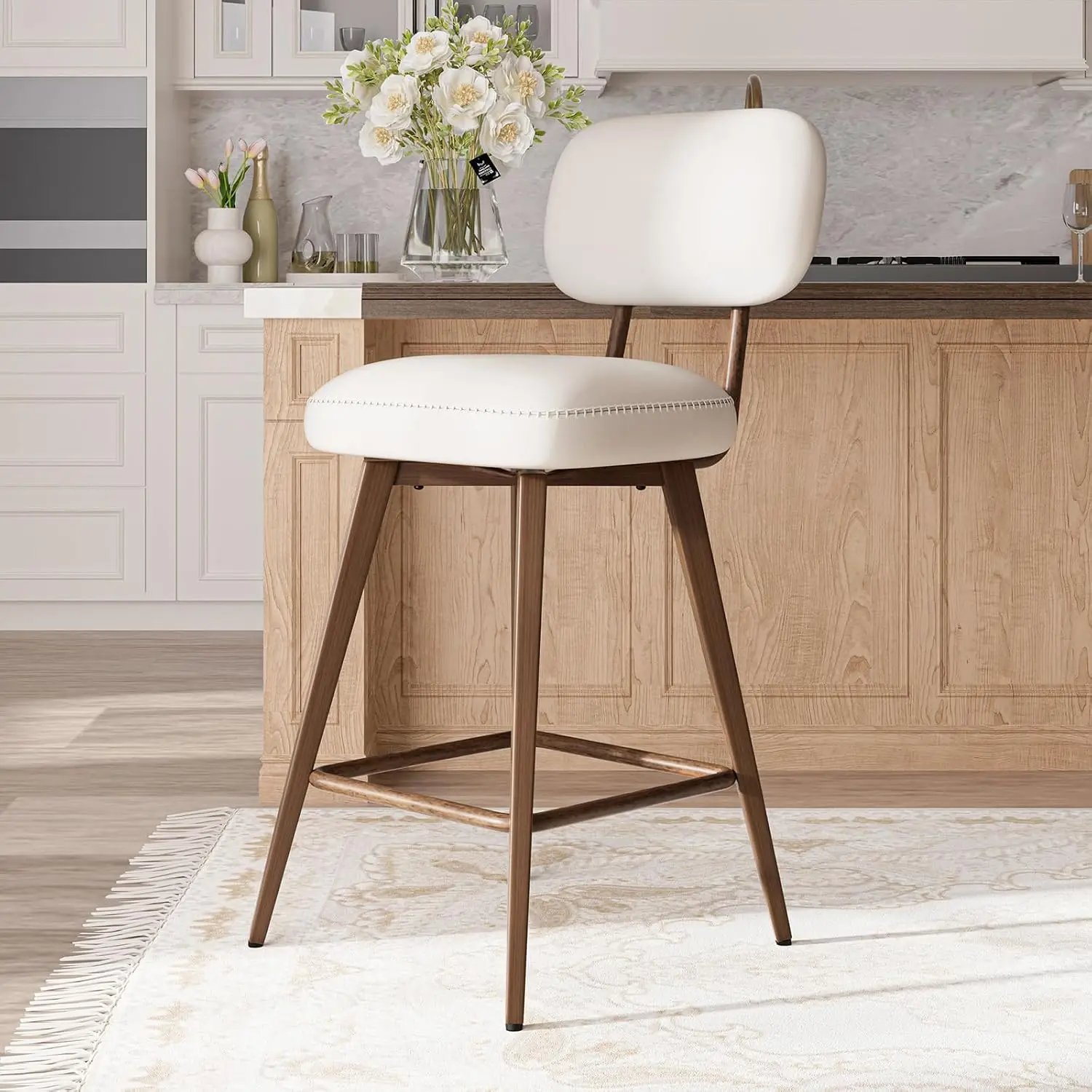 26“ Swivel Bar Stools Set of 2, Mid Century PU Leather Counter Height Bar Chairs with Low Back and Metal Legs, Modern Bar Stool view 3