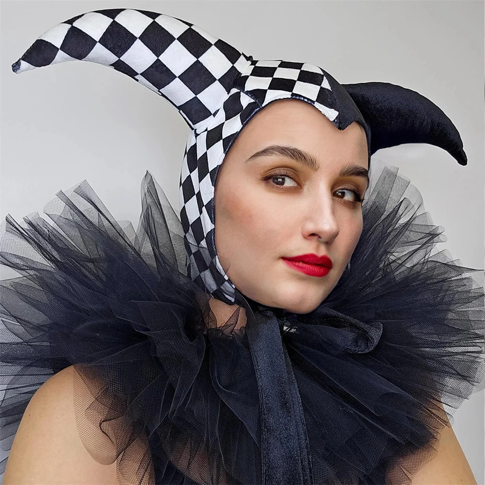 Gorro de disfraz de bufón de arlequin, disfraz de payaso malvado a cuadros en blanco y negro, gorro con cordones, accesorios, tocado para mujeres y adultos