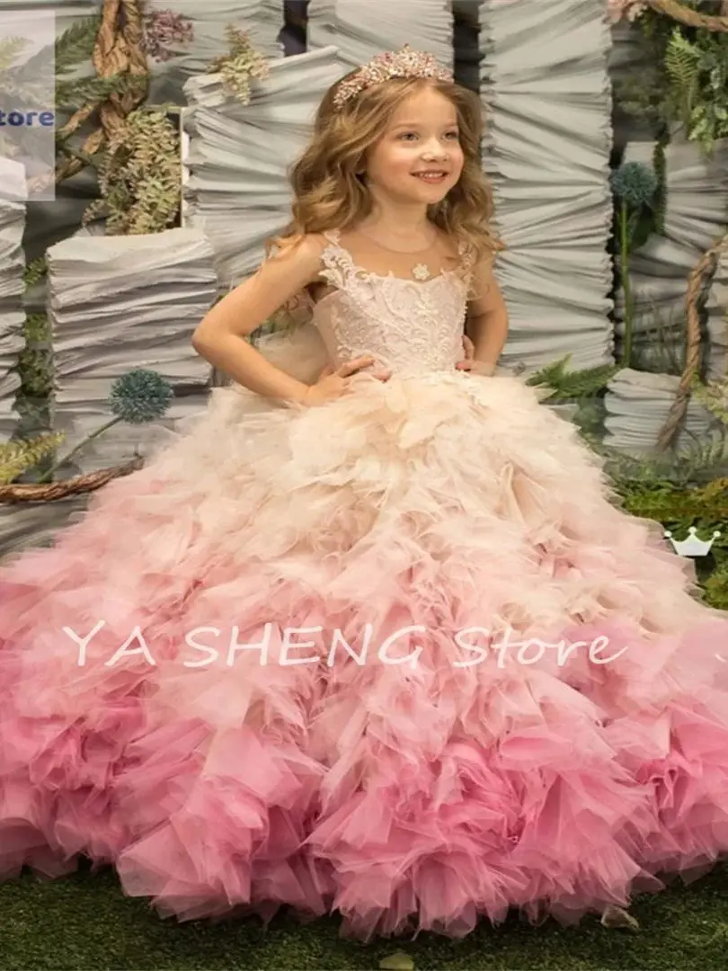 ชุดเดรสลูกไม้เจ้าหญิงเด็กผู้หญิงฟูฟ่องชุดเดรสวันเกิดสาวน่ารักแขนชุดเดรสเด็กผู้หญิงชุดเดรสปาร์ตี้งานแต่งงาน