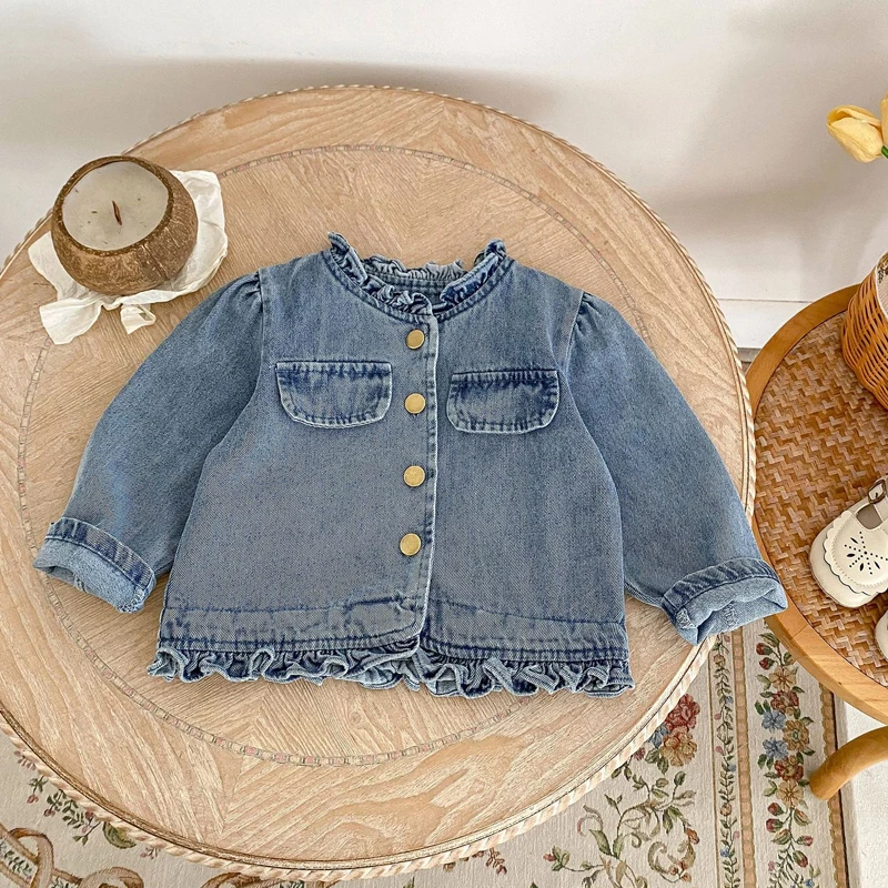 Autumn new style 0-3 years old baby clothing baby girl fungus collar denim long-sleeved coat girls cardigan fashion coat