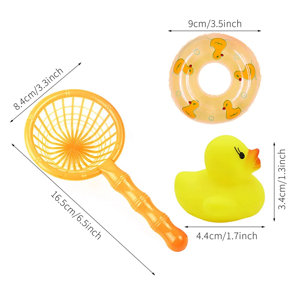 5 uds/se bebé lindo pato flotante juguete de baño natación goma suave flotador pato red de pesca anillos de natación para niños juegan regalos divertidos