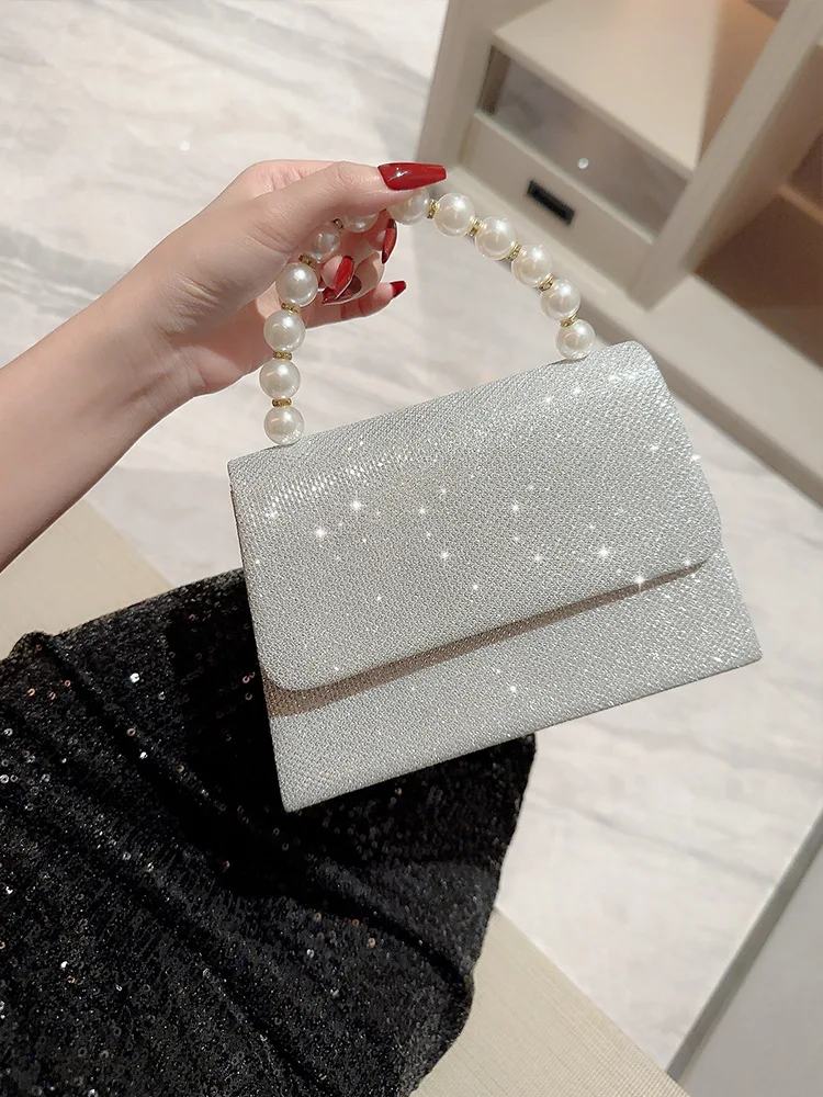 2024 Luxury Women Shiny Shoulder Bags Gold Crossbody Bags Fashion Pearl Chain Shell Clip Small Handbag Evening Clutch Bag