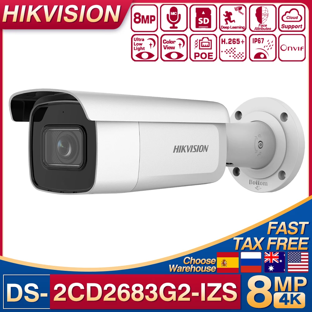 

Original Hikvision 8MP AcuSense Motorize Varifocal Bullet IP Camera DS-2CD2683G2-IZS 60M IR 4X Zoom Audio Alarm Network Camera