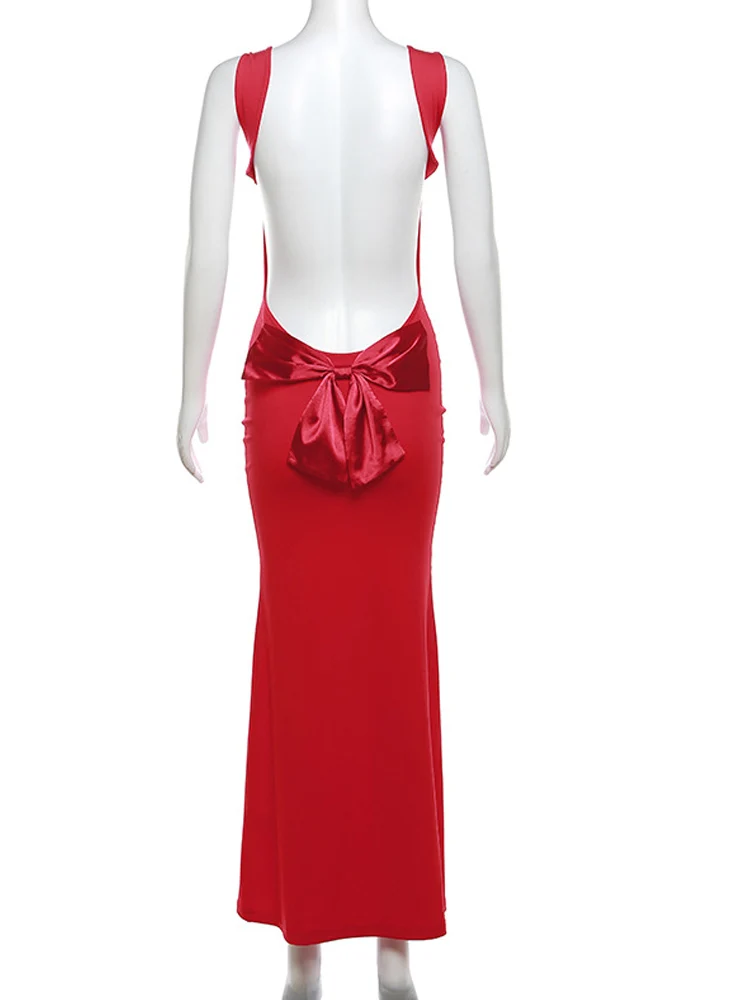 Beyprern Women's Sleeveless Red Bandage Bodycon Maxi Dress Square Neck Stretchy Formal Backless Evening Party Gown