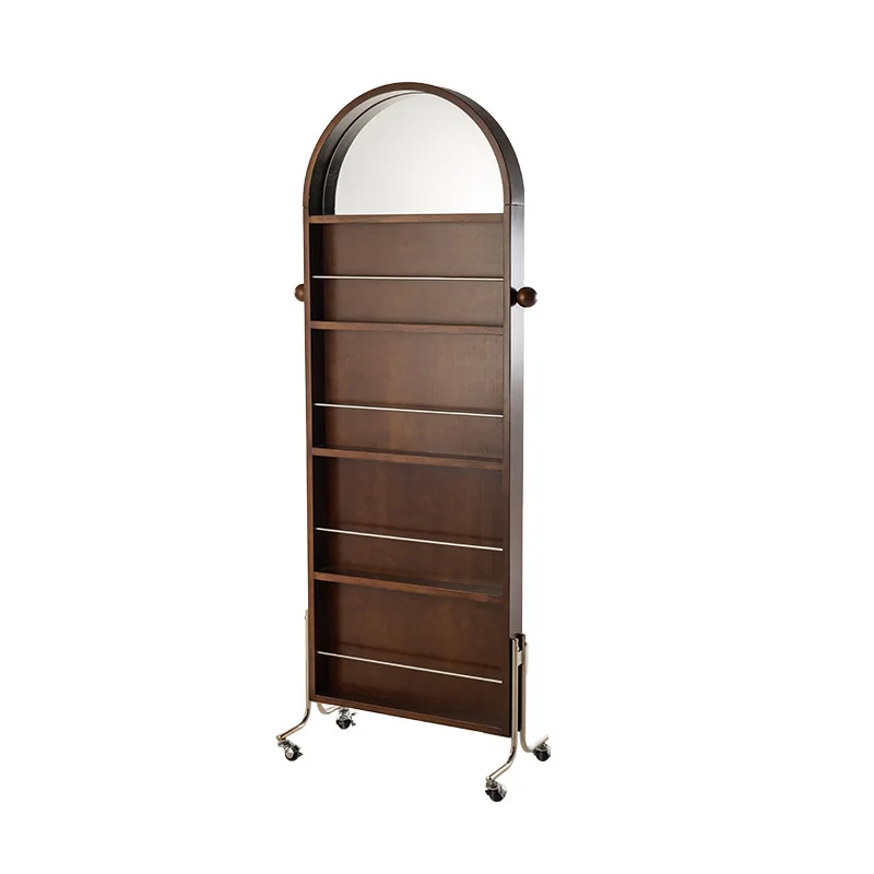 

Medieval full-length mirror with shelf Solid wood movable full-body mirror Home magazine storage Floor fitting mirror