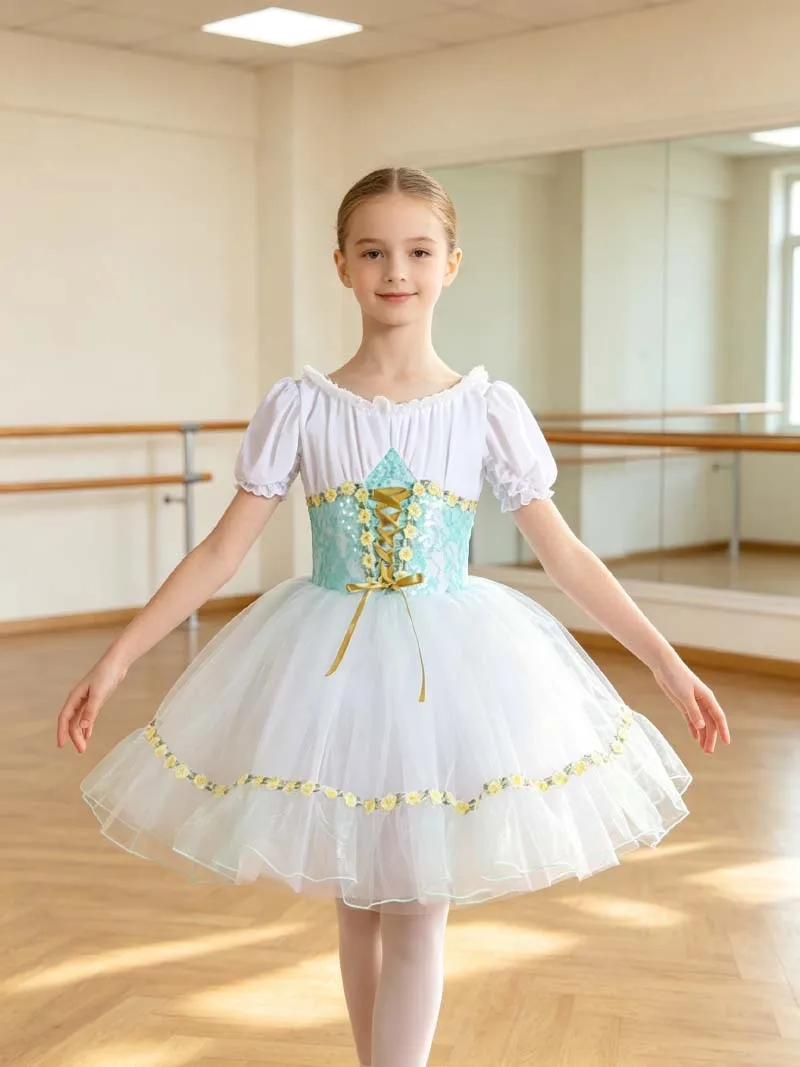 Ballet Competition Dance Skirt Children Elegant Puff Sleeve Ballet TuTu Dress Girls Standard Ballet Dance Skirt