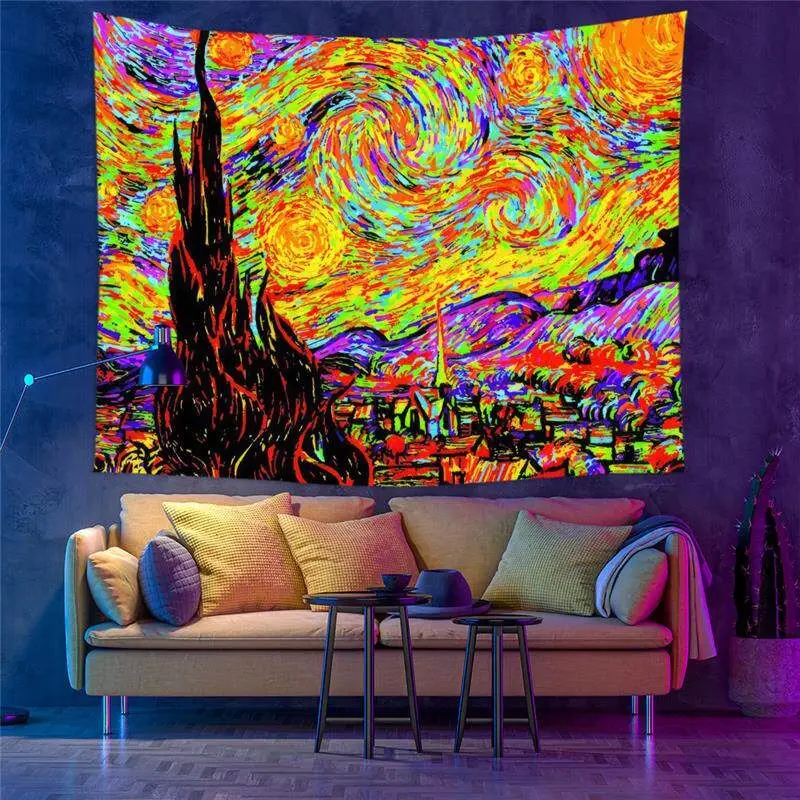 VIKAMA Black Light Dazzling Star Dusted Night Van Gogh Artwork UV Active Tapestry Painting Wall Decor Accent Soft Durable Cozy