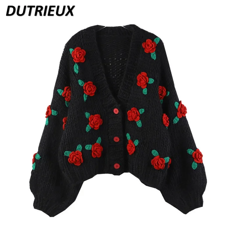 2023 Winter New Handmade V-neck Kawaii Sweet Three-Dimensional Rose Flowers Heavy Industry Knitwear Coat Loose Sweater Jacket