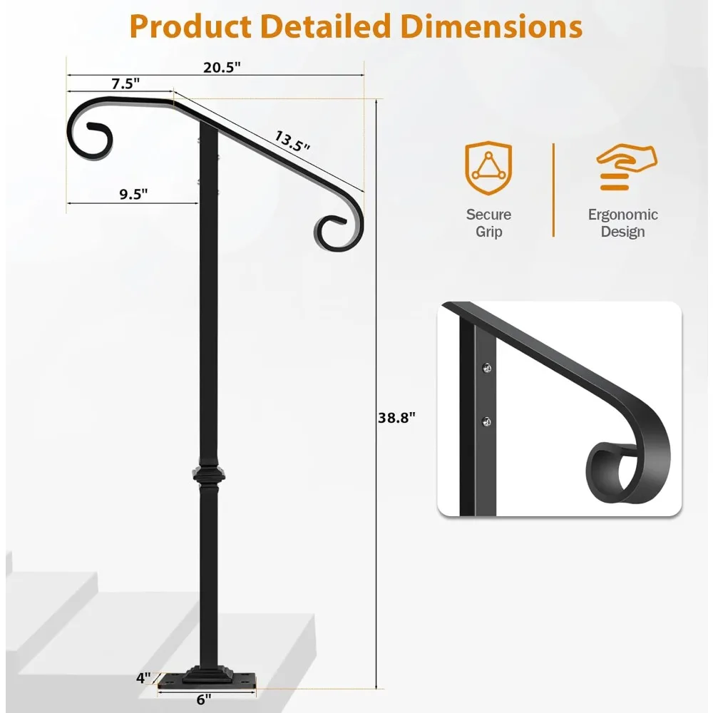 درابزين فردي متين للاستخدام الخارجي للسلالم، تصميم من الحديد المطاوع، مناسب لخطوات 1-2، قضيب إمساك داعم قوي #2
