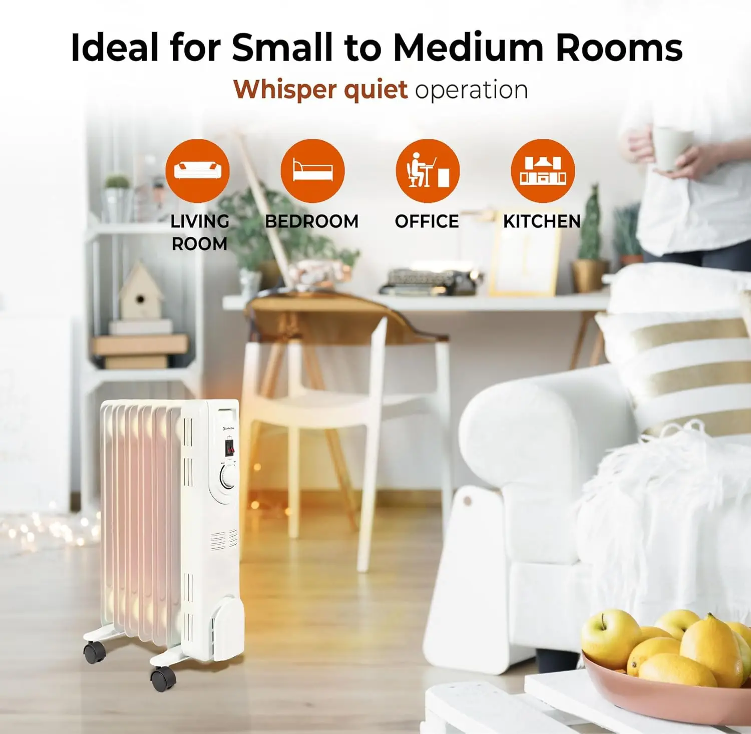 Electric Oil-Filled Radiant Radiator Space Heater, Never Refill, Adjustable Thermostat, Tip-Over Switch & Overheat