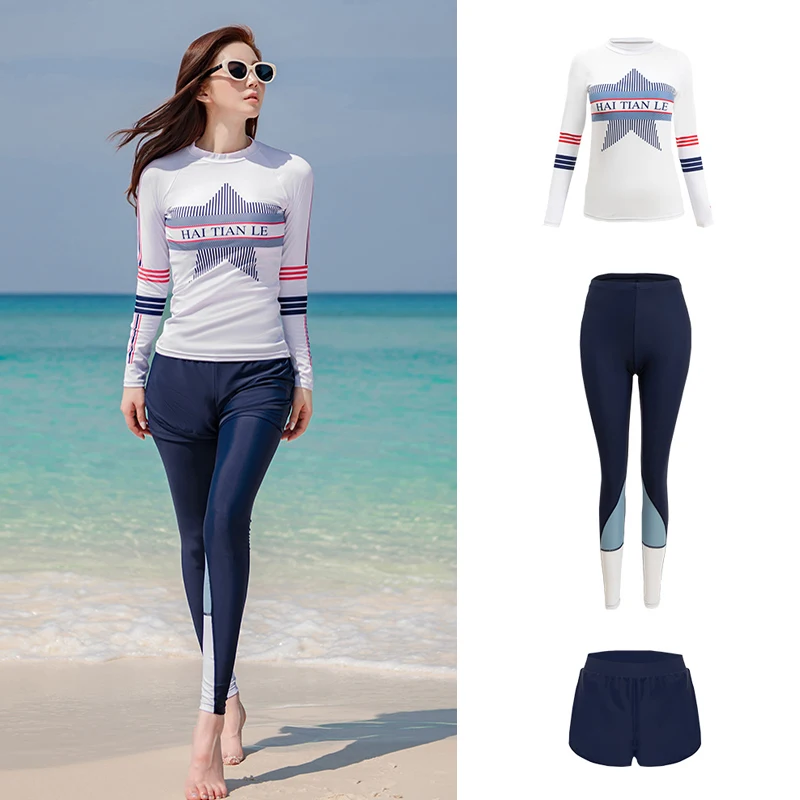 wisuwore Sunscreen UPF50+ Full Body Women Rash Guard 3 Piece Long Sleeve Swimsuit Female Surfsuit Swimwear Diving Suit