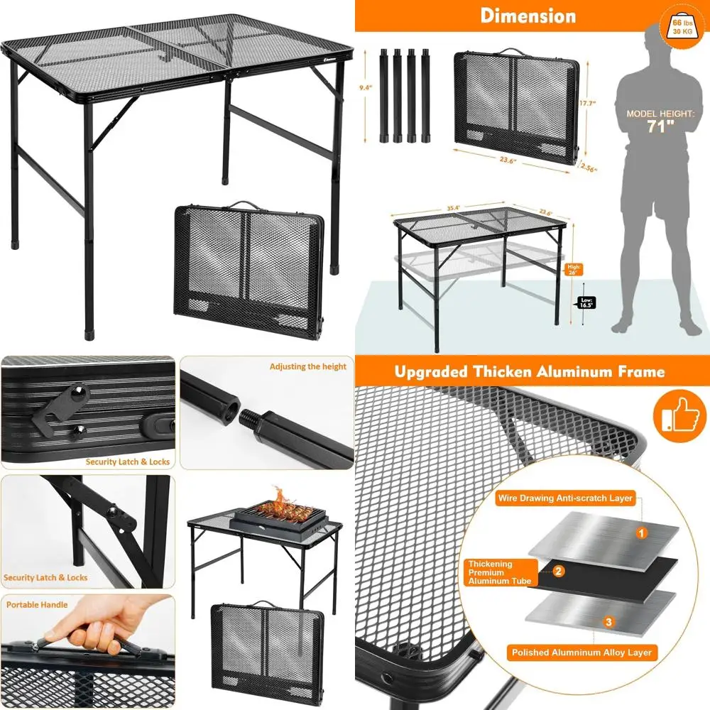

Adjustable Height Folding Table, 3ft Black Metal Mesh, Portable for Outdoors & Indoors, Seats 3-6, 7.5lb, 66lb Capacity