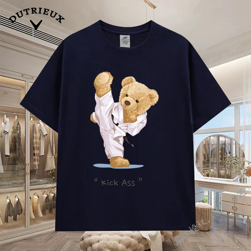 2024 New Luxury Bear Short Sleeved Men's and Women's Loose 230g Fabric weight Cotton Versatile Round Neck Breathable Inner Layup