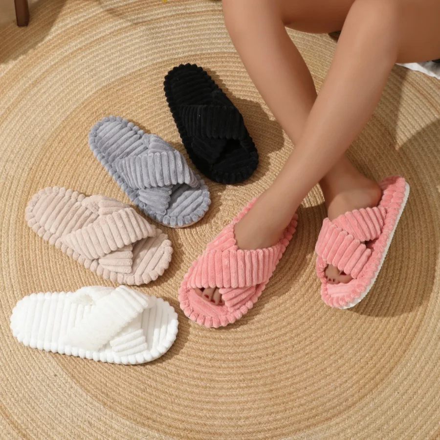 

Skin-friendly Plu Cotton Slippers Women's Home Wear Cross Band Fur Slippers Korean Sle Hollow out Design Thi Heel