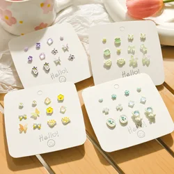 6 Pairs S925 Silver Needle Zinc Alloy Earrings Set Flower Butterfly Heart Shape Cute Fresh Sweet Earrings For Women Jewelry Gift