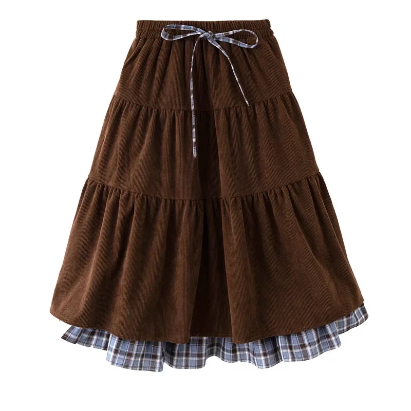 2026 New Girls Corduroy Skirt Spring Mid-length Skirts Elastic Waist Plaid All-match Patchwork Teen School Children Casual Wear