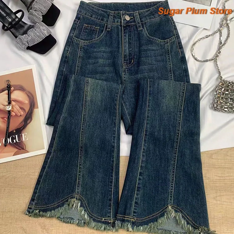 Korean Version of Minimalist Female Spring and Autumn New Fishtail Retro Wash Jeans Flared Pants Slim Casual Joker Trend Pants.