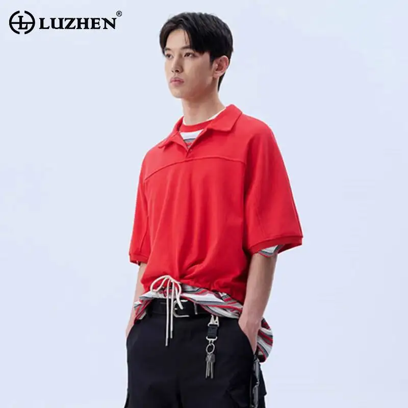LUZHEN 2026 Summer New Original Drawstring Waist Niche Design Half Sleeve T-shirts Men's Trendy Solid Color Casual Tops JY7858