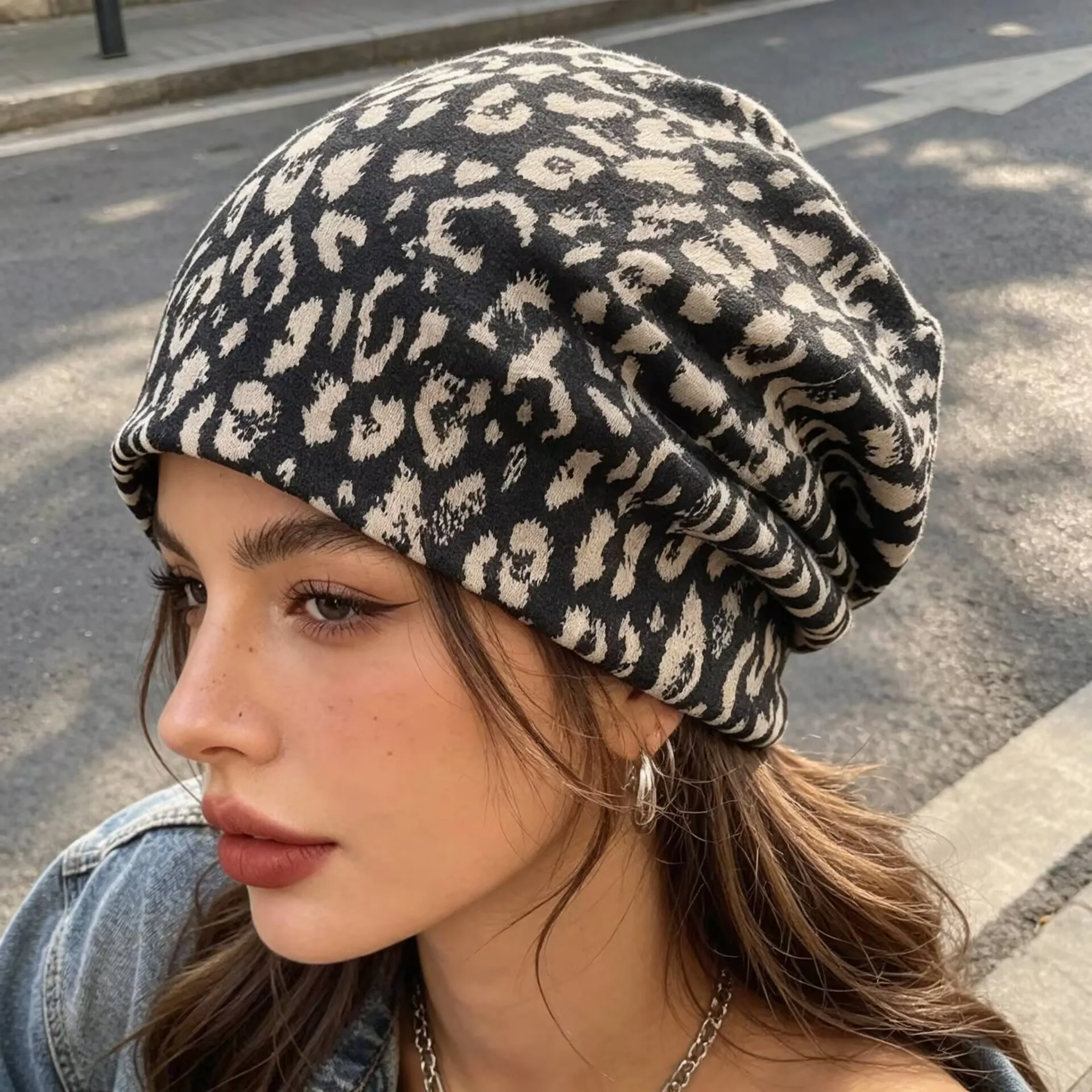 Women's Slouchy Beanie Leopard Jacquard Hat Autumn Winter Warm Brushed Knit Cap Loose Casual Baggy Skullies Headwrap for Outdoor