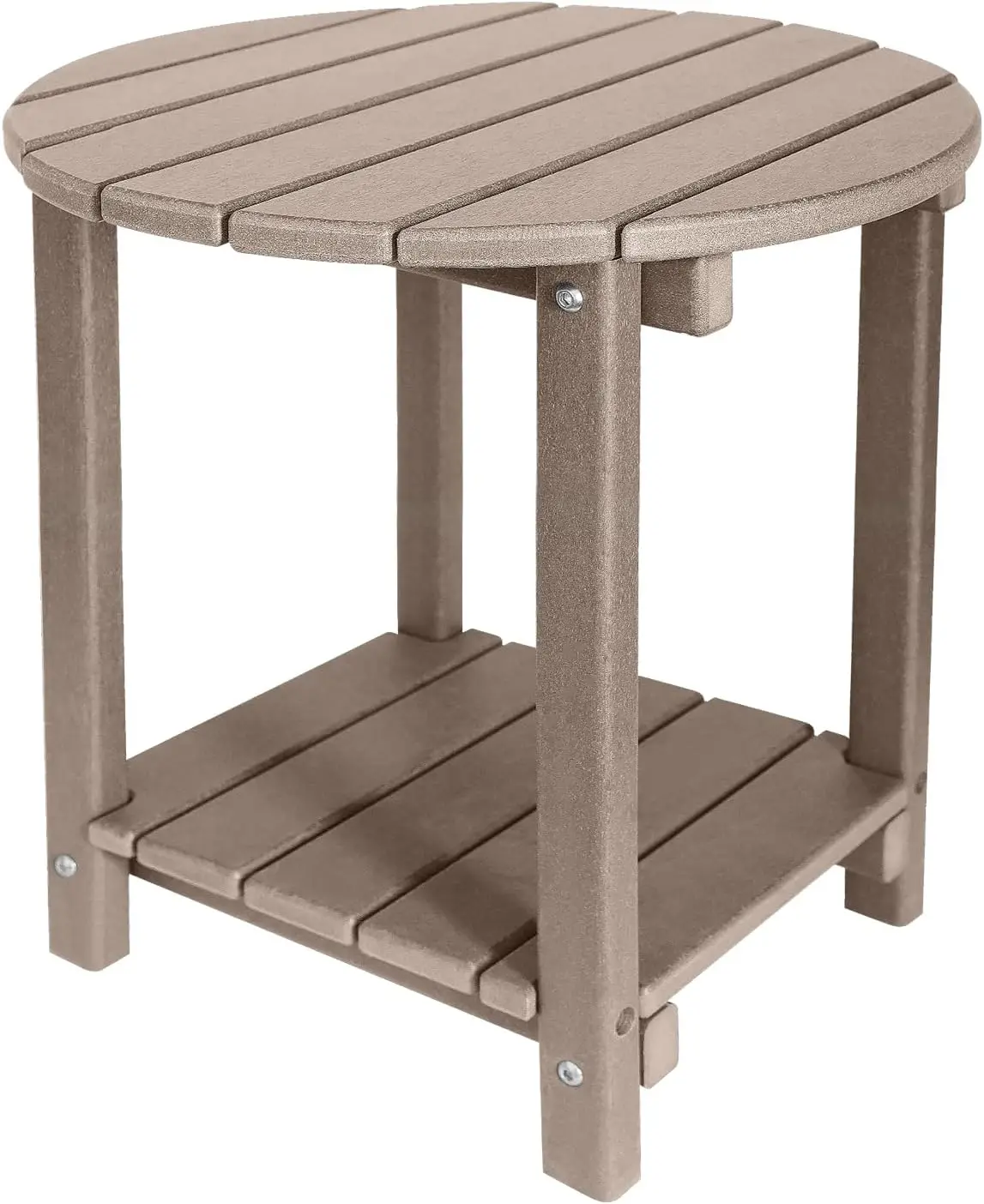 

2-Tier Outdoor Side Table with Storage, HDPE Patio Garden Lawn Pool Porch Teak Finish