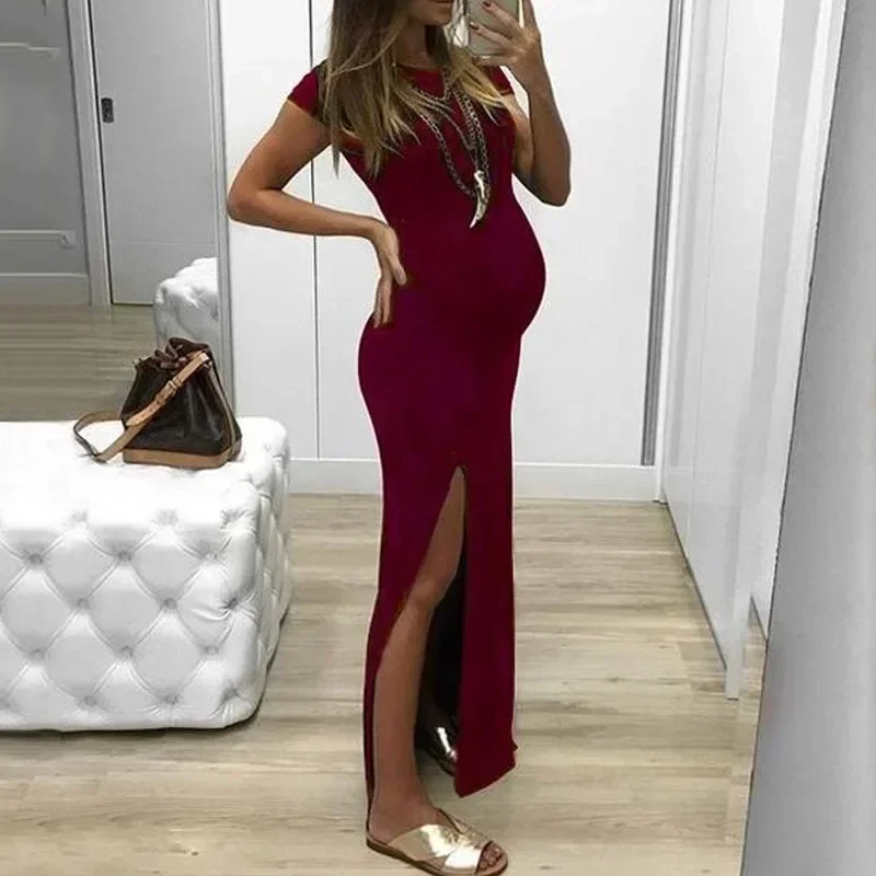 Vestido de maternidad de manga corta con abertura lateral, accesorios de fotografía de maternidad, ropa de mujer de talla grande