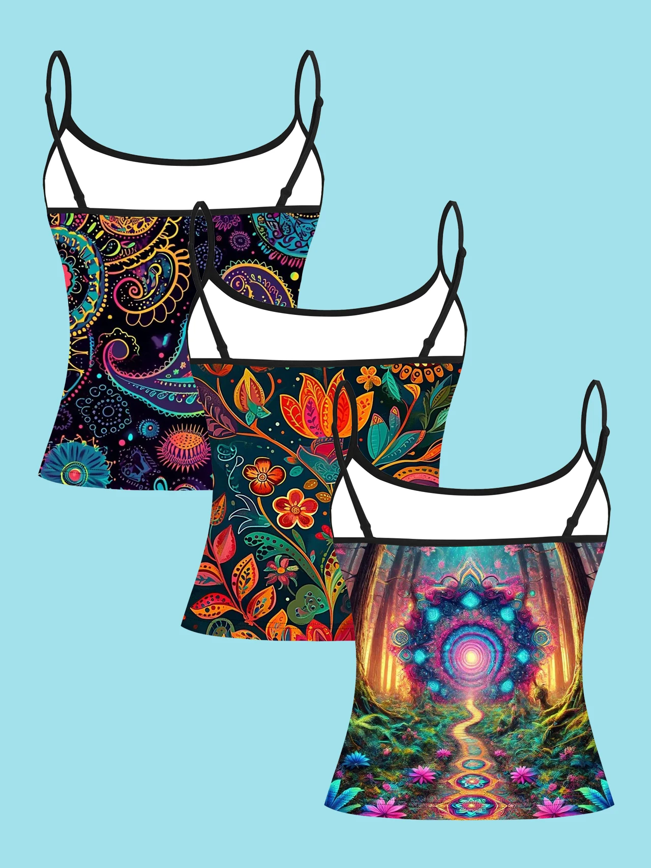 3-Pack Women's Bohemian Mandala Print Camisole Ethnic Style Paisley Iridescent Forest Slim-Fit Spaghetti Strap Sleeveless Base Top