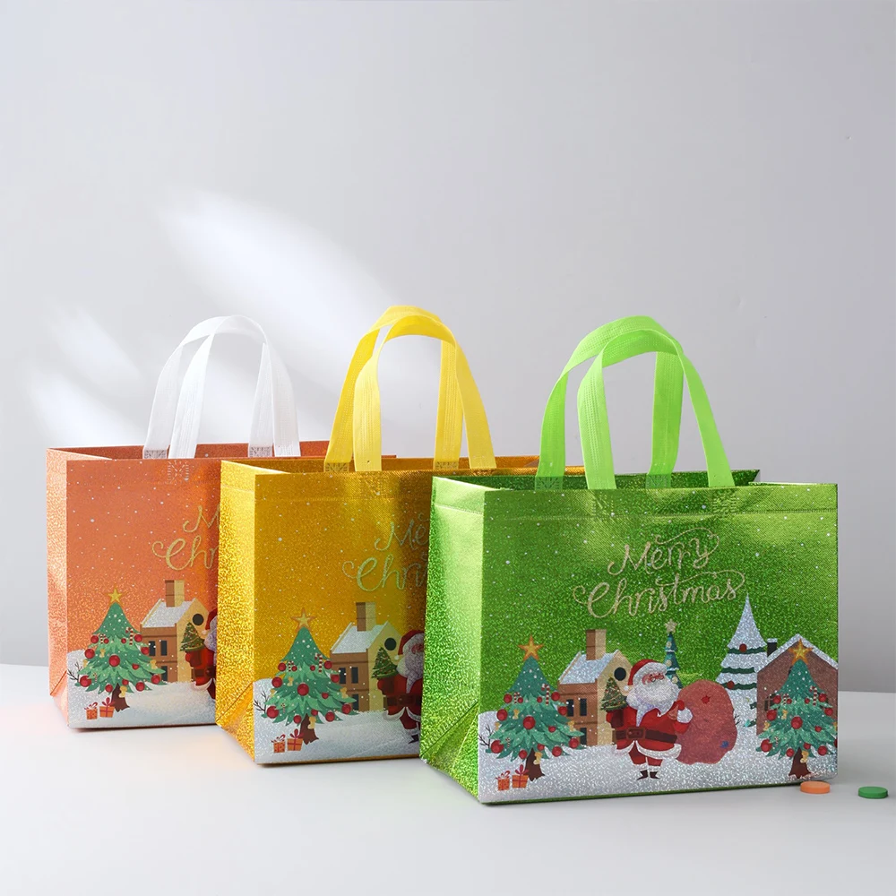 1pcs Reusable Christmas Gift Bags With Handles Non-wove Christmas Tote Bags Laser Gifts Bags Wrapping Shopping Xmas Party Decor