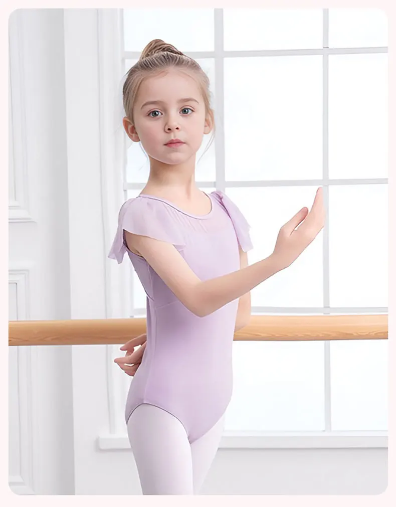 子供用ダンス衣装、トレーニングスーツ、夏用バレエ半袖新作服、女の子用ダンス紫体操服