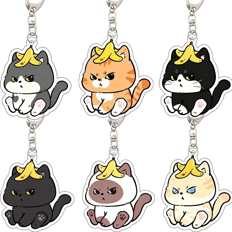 Hot Funny Grumpy Banana Head Cat Acrylic Keychain Kawaii Chibi Cat Bag Charm Accessory Perfect Birthday Gift for Pet Cat Lovers